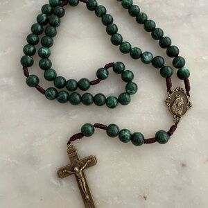 Green Beaded Rosary with Gold Accents